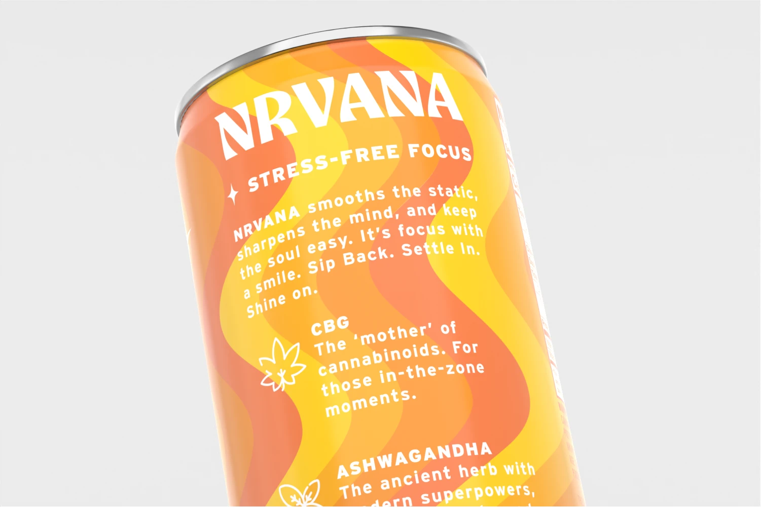 Close-up of NRVANA Social Tonic can design highlighting stress-free focus tagline and ingredient callouts.
