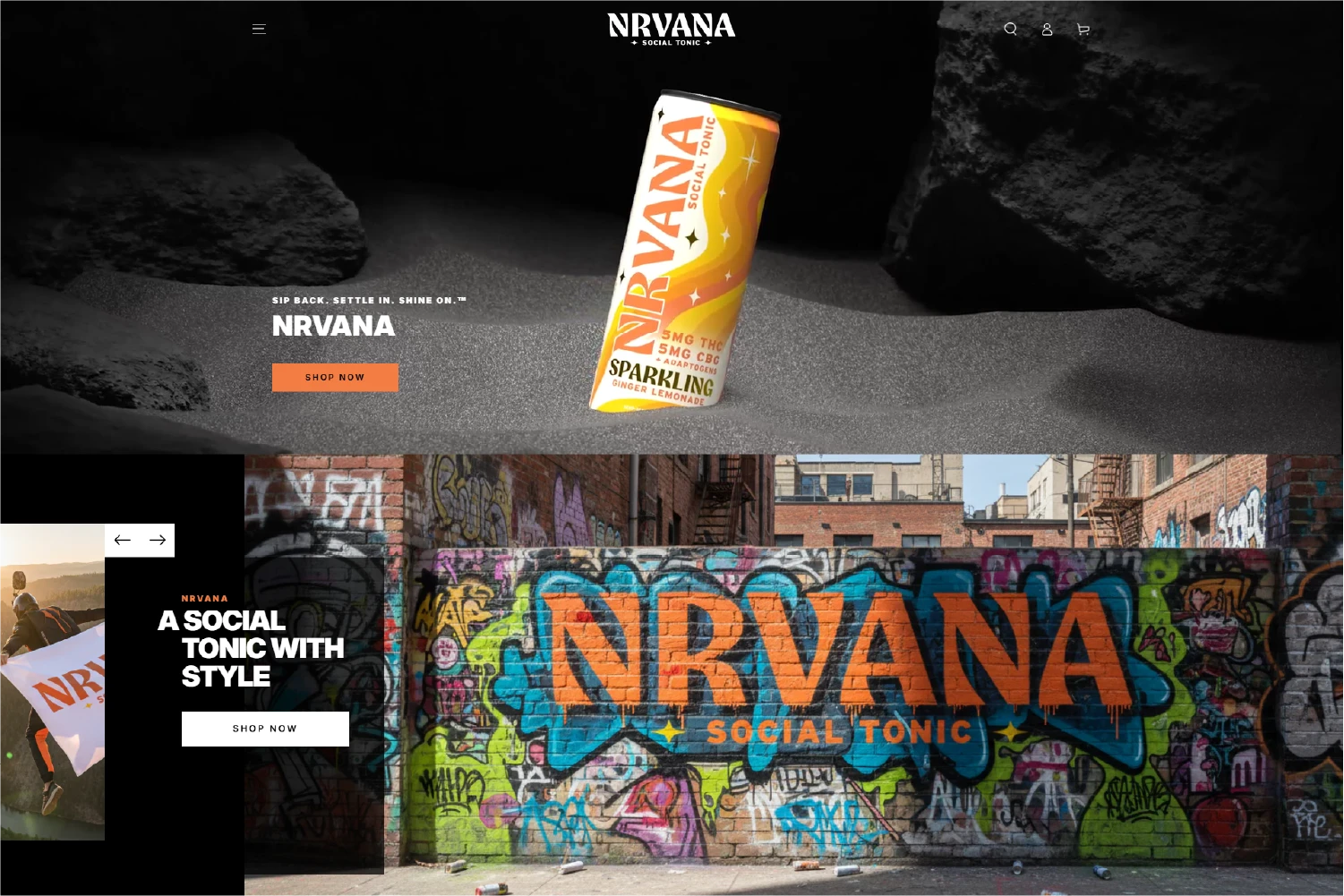 NRVANA Social Tonic website hero with can mockup on dark sand background and graffiti wall brand imagery.