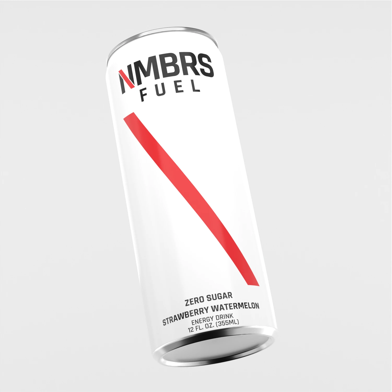 Angled view of an NMBRS Fuel Strawberry Watermelon can, showcasing the logo and striking red diagonal stripe on a minimalist white design.