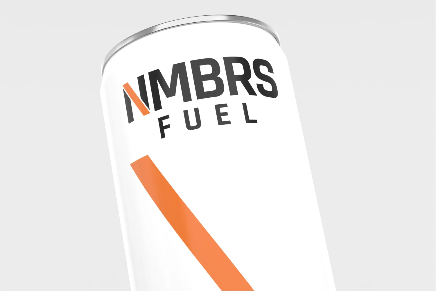 Close-up angled view of an NMBRS Fuel Orange can, highlighting the logo and bold orange diagonal stripe on a crisp white background.
