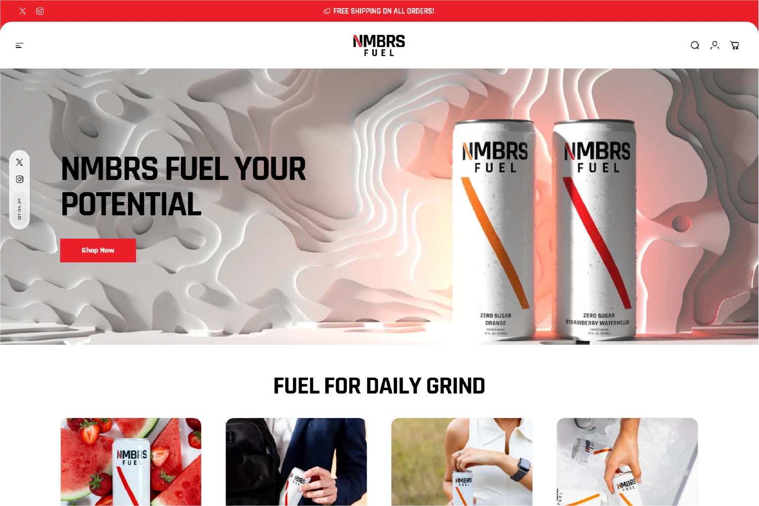 NMBRS Fuel website homepage featuring two cans (Orange and Strawberry Watermelon) against a textured 3D background, with the headline “NMBRS Fuel Your Potential” and a red shop button.