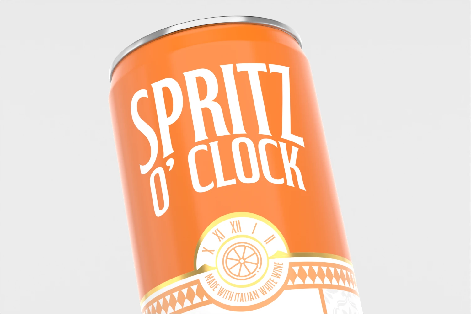 Close-up angled view of the Spritz O’Clock Original Spritz can, featuring its bold orange design, white typography, and decorative clock emblem.