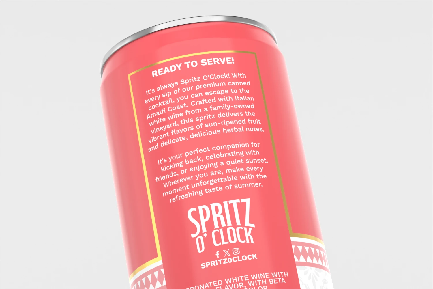 Back view of a Spritz O’Clock Peach Spritz can showing detailed product description and brand story text, highlighted in white against a bright peach background with gold border accents.