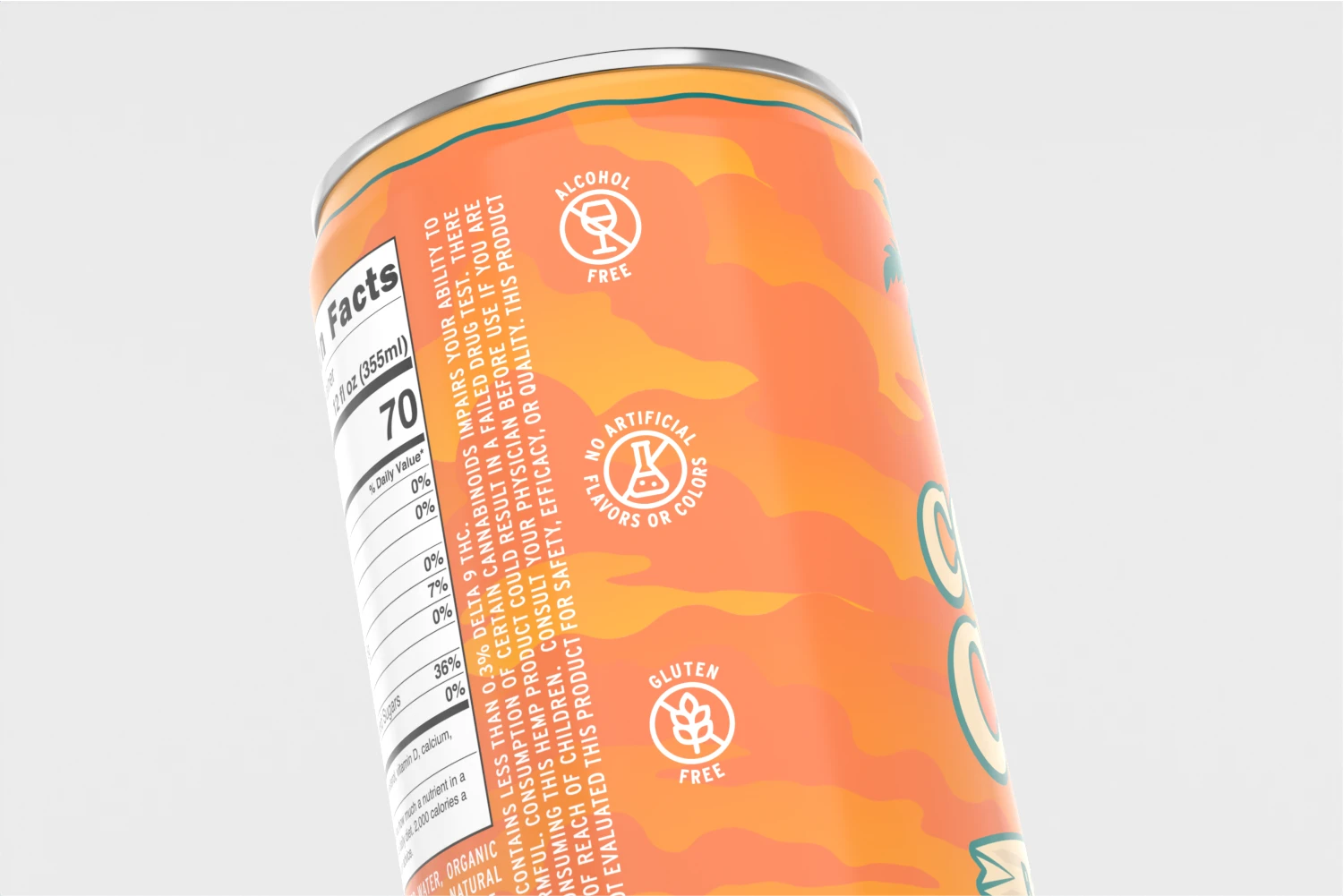 Detailed side view of Coastal Chill can showing nutrition facts panel and icons for “Alcohol Free,” “No Artificial Flavors or Colors,” and “Gluten Free.”