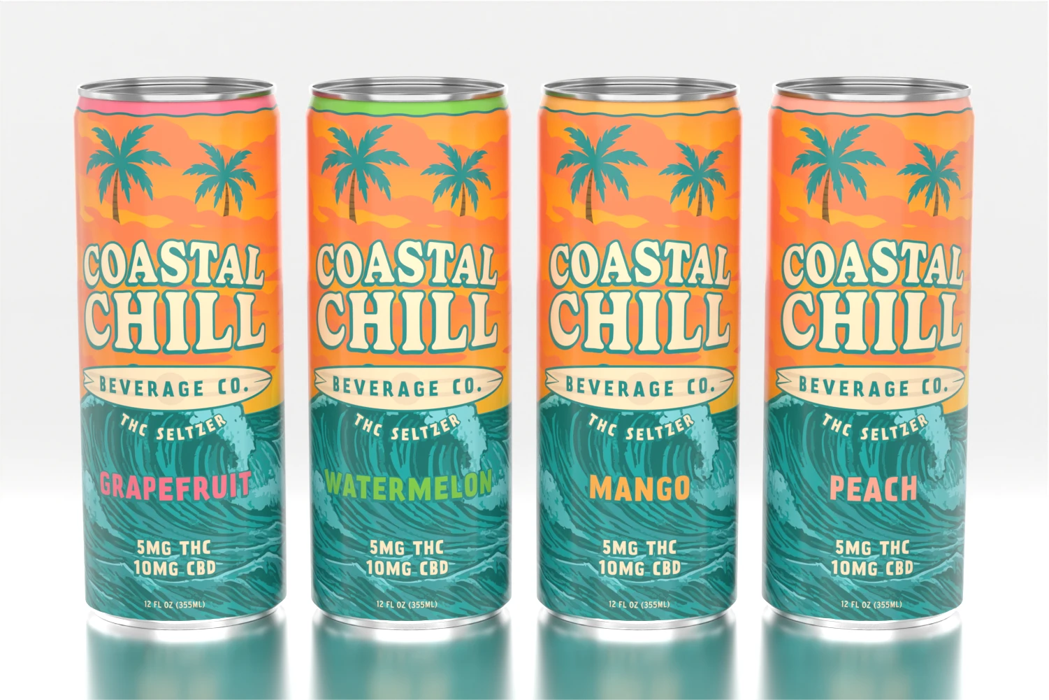 Four Coastal Chill THC seltzer cans in a lineup displaying flavors Grapefruit, Watermelon, Mango, and Peach with consistent sunset and wave branding.