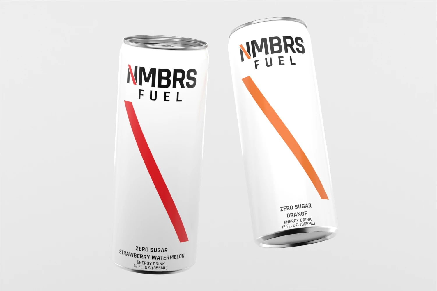 Two sleek 12oz NMBRS Fuel energy drink cans standing side by side, featuring minimalist white designs with bold diagonal stripes in red (Strawberry Watermelon) and orange (Orange)