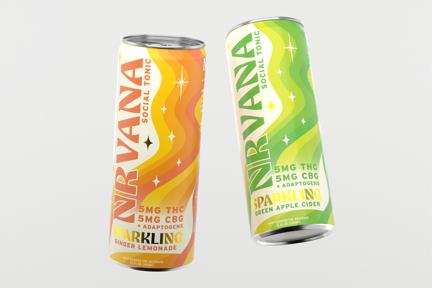 NRVANA Social Tonic can lineup featuring Sparkling Ginger Lemonade and Sparkling Green Apple Cider flavors.