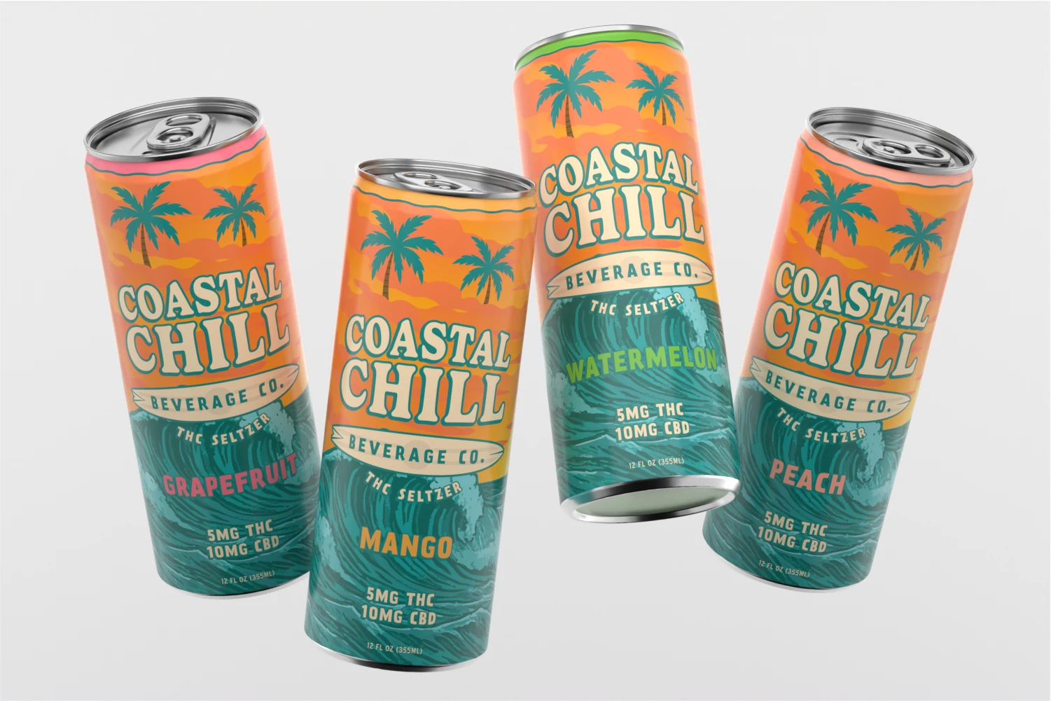 Four Coastal Chill THC seltzer cans in a lineup displaying flavors Grapefruit, Watermelon, Mango, and Peach with consistent sunset and wave branding.