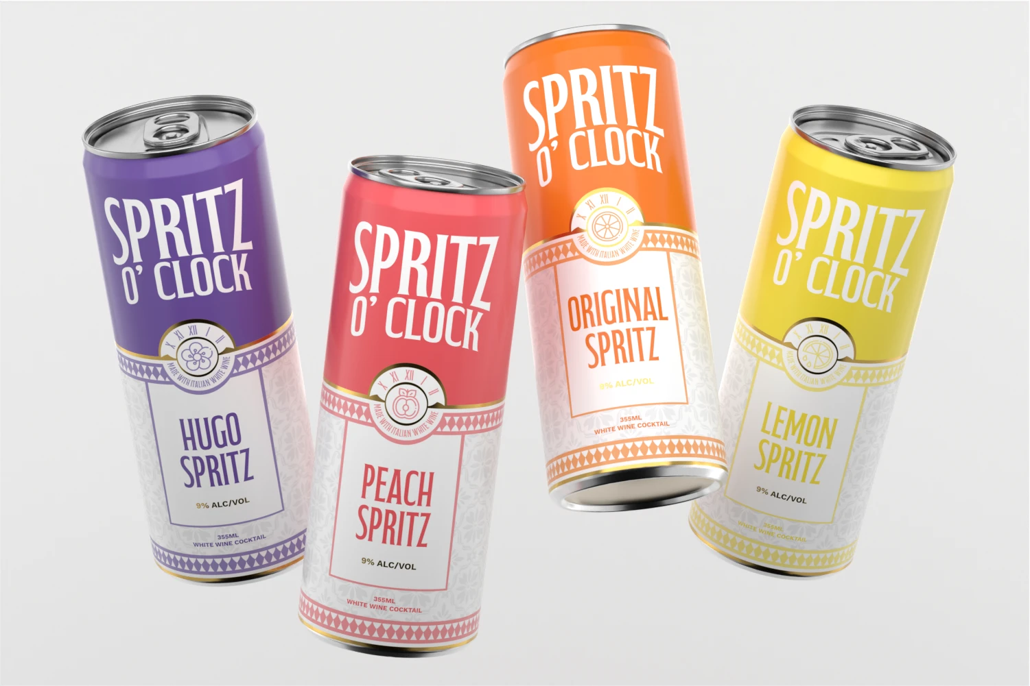 Four Spritz O’Clock 355ml cans lined up side by side in vibrant colors—Hugo Spritz (purple), Peach Spritz (pink), Lemon Spritz (yellow), and Original Spritz (orange)—each labeled as a 9% ABV white wine cocktail.
