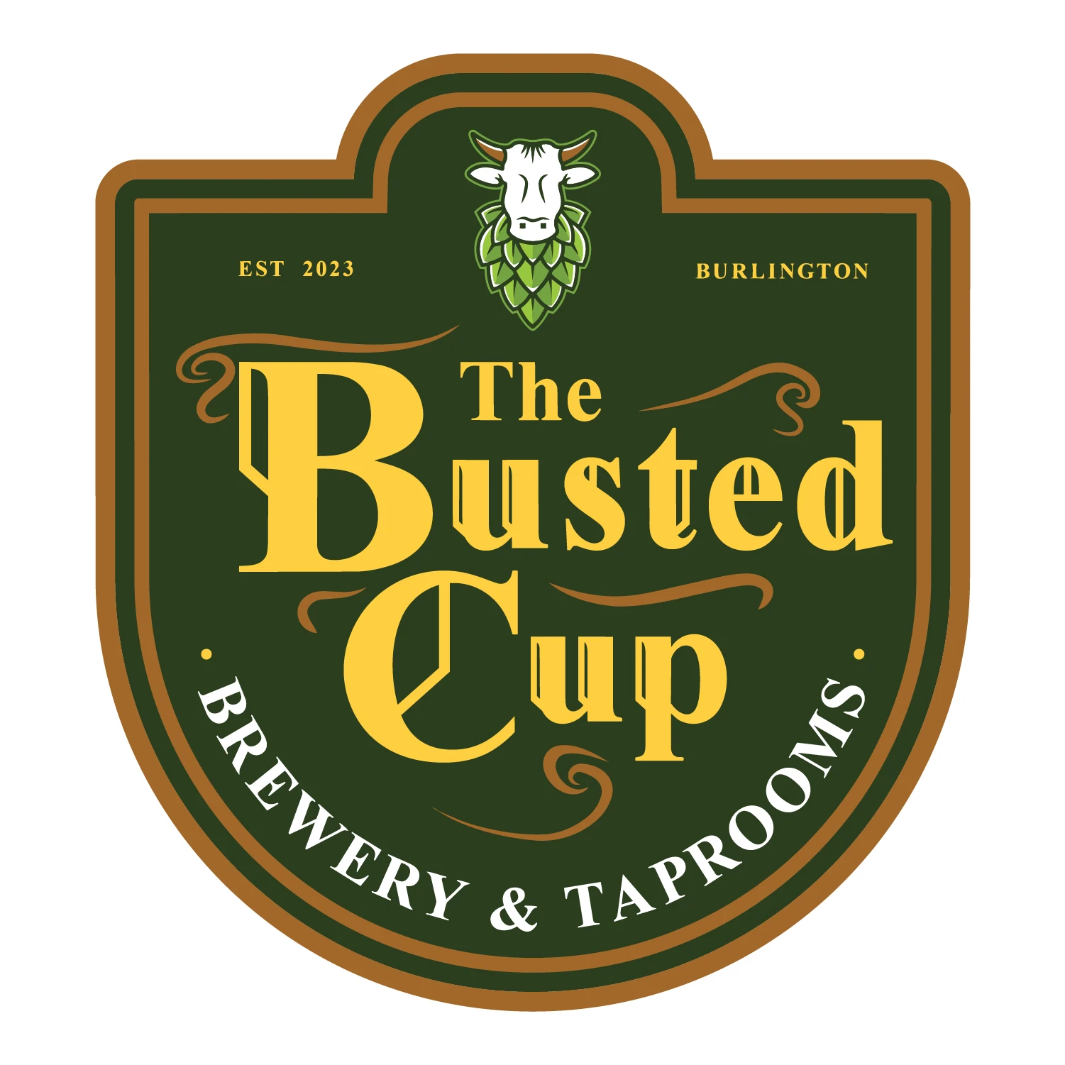 The Busted Cup Brewery and Taprooms logo featuring hop and bull icon with classic badge-style typography