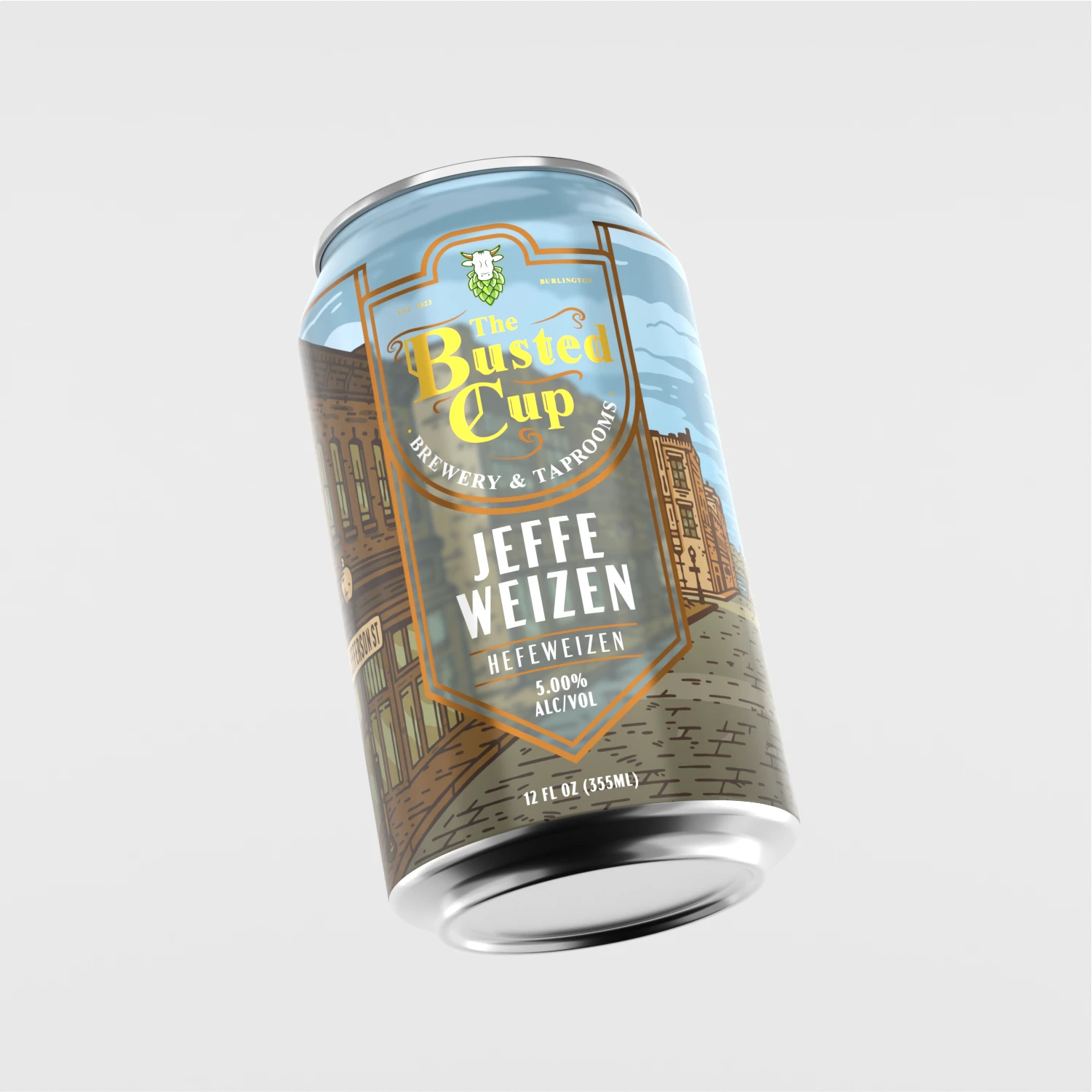 Jeffe Weizen Hefeweizen beer can design for The Busted Cup Brewery featuring illustrated European city street artwork and gold badge branding