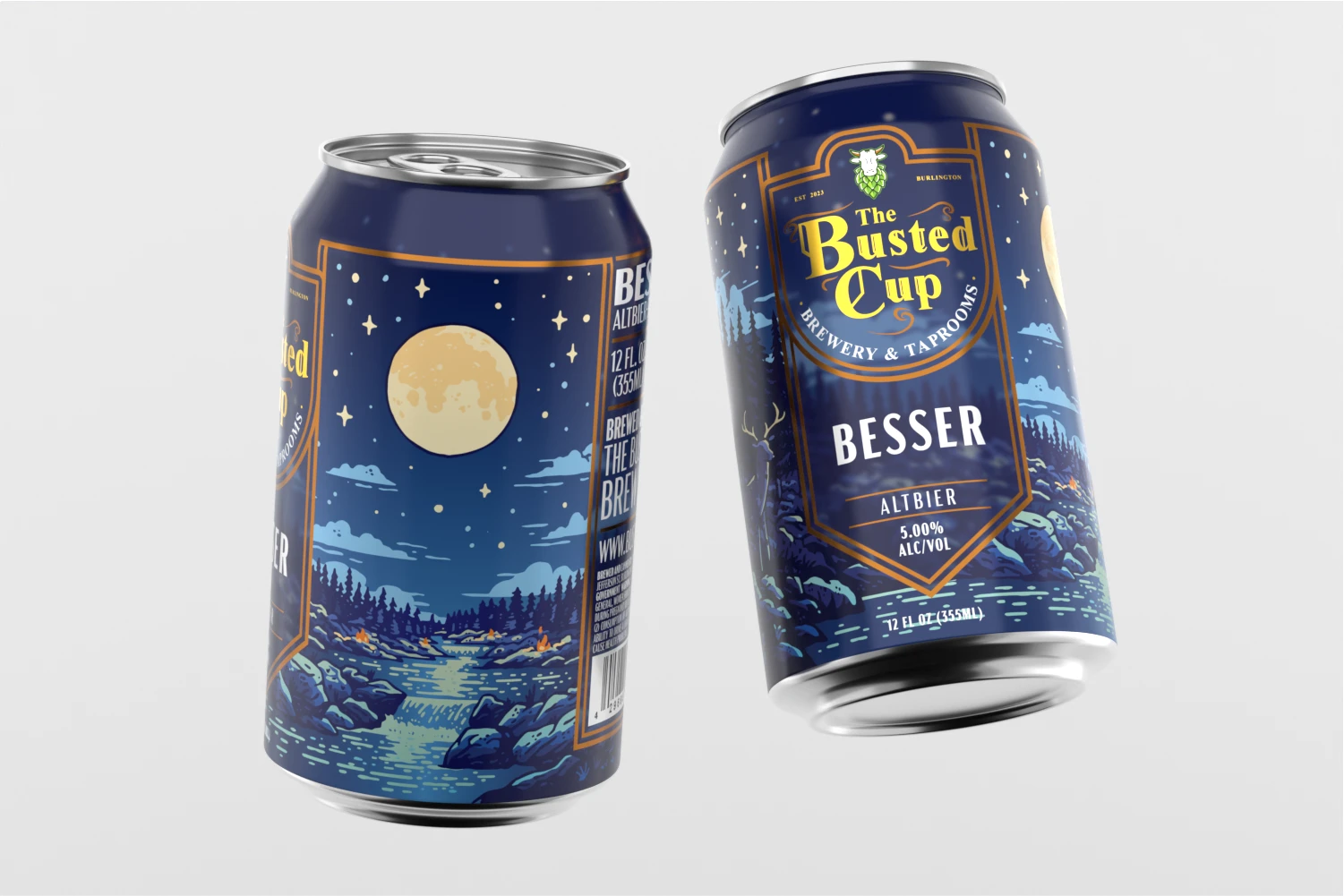 Besser Altbier beer can design for The Busted Cup Brewery featuring nighttime river illustration, moonlit sky, and dark blue color palette
