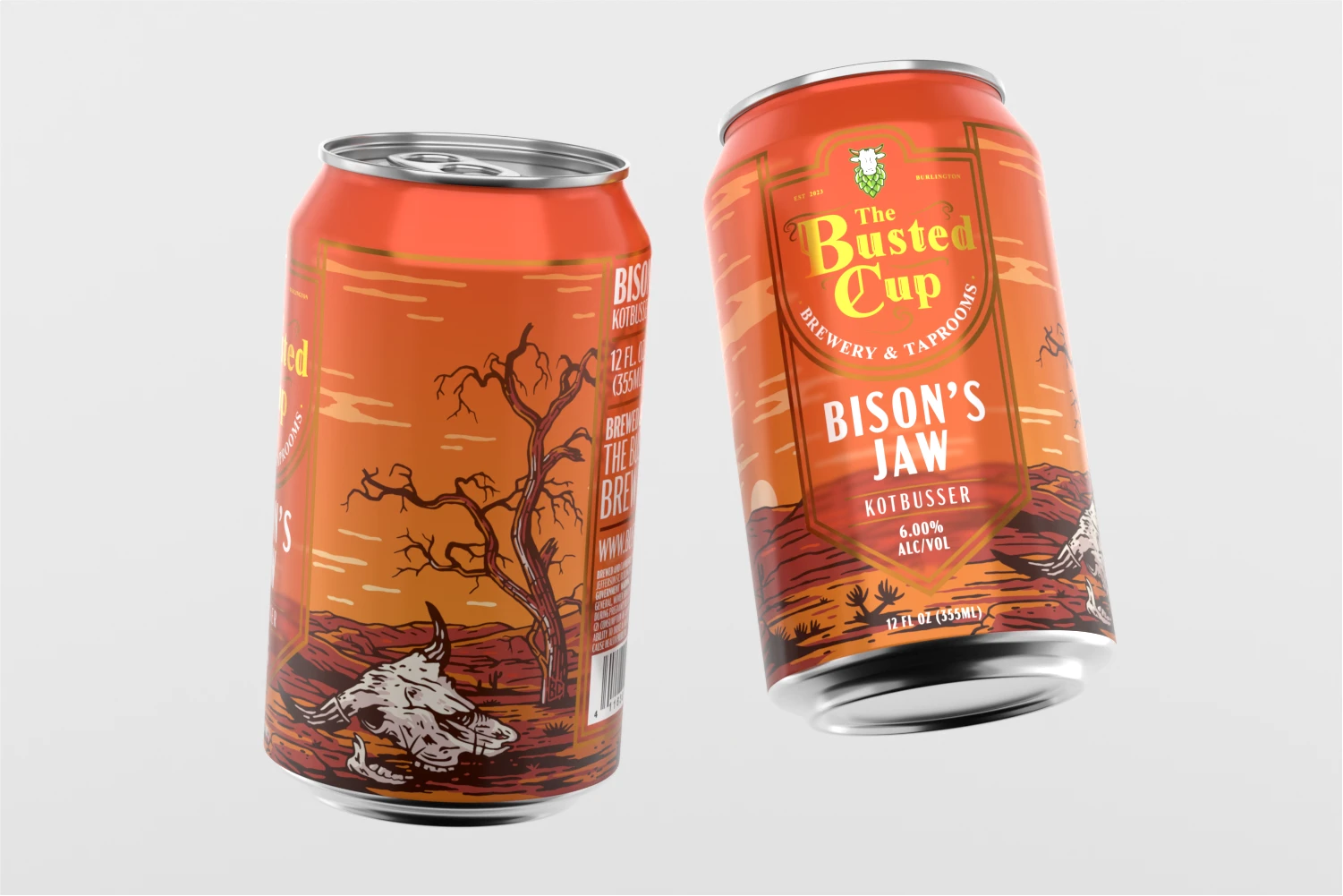 Bison’s Jaw Kotbusser beer can design by The Busted Cup Brewery with desert landscape illustration, bison skull artwork, and warm orange tones