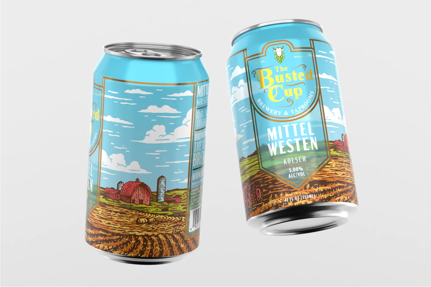 Mittelwesten Kölsch beer can design by The Busted Cup Brewery with illustrated farmland landscape and bright blue sky wraparound artwork