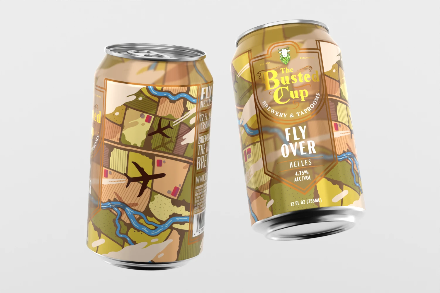 Fly Over Helles lager can design for The Busted Cup Brewery featuring aerial farmland illustration, rivers, and airplane graphic pattern