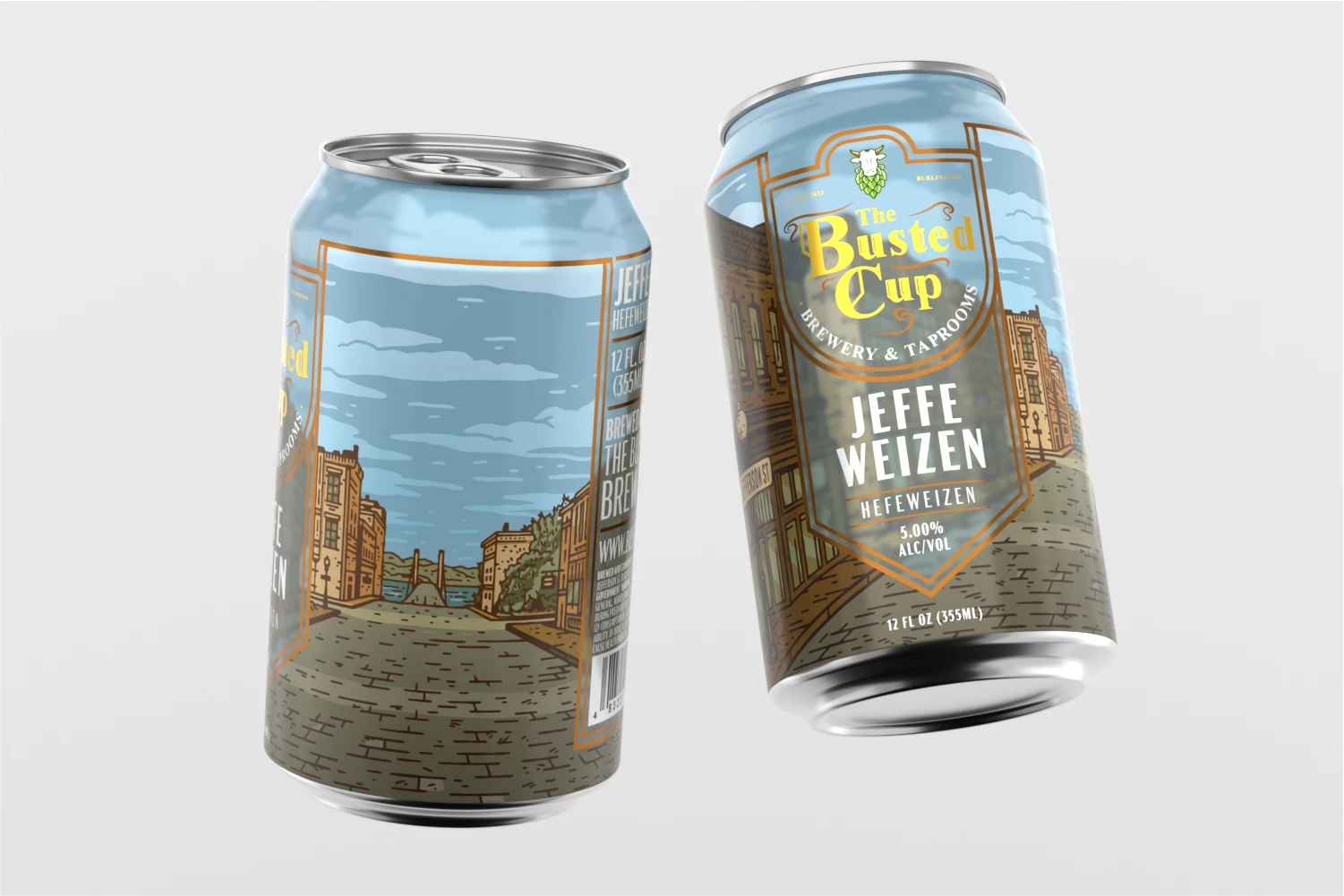 Jeffe Weizen Hefeweizen beer can design showing illustrated European town street scene and cohesive badge system for The Busted Cup Brewery