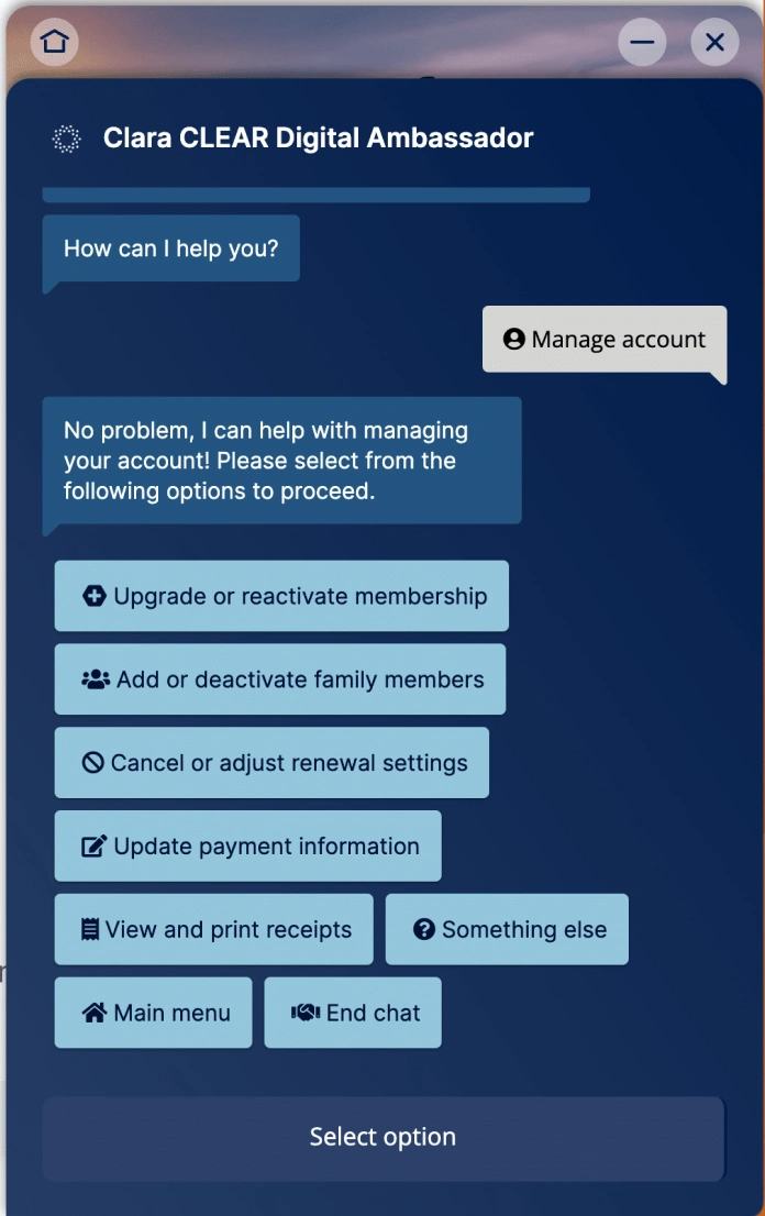 Screenshot of a chatbot with options including a click to cancel option.