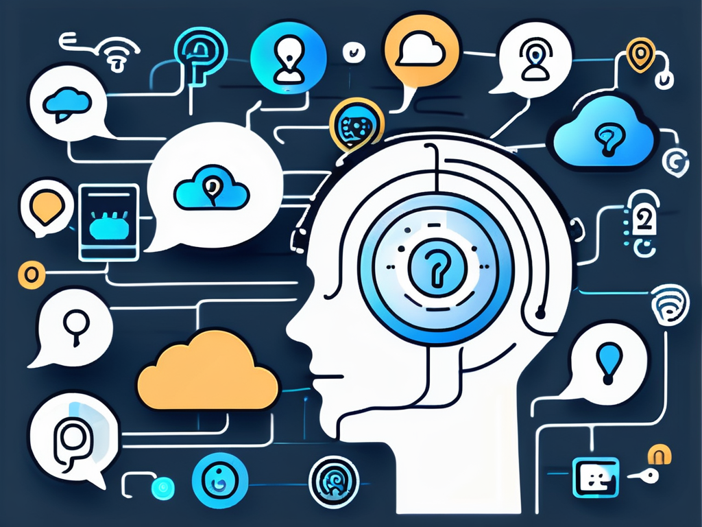 An illustration of a human head with a network of thoughts and questions expanding out from it.