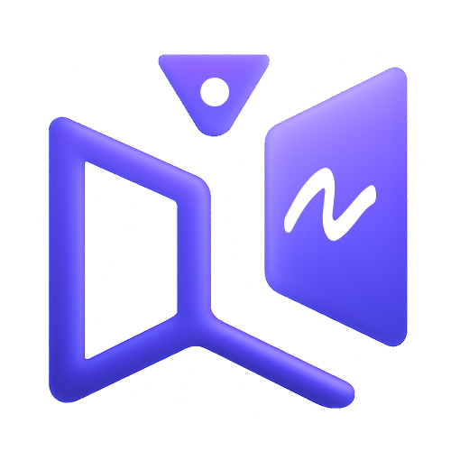 Abstract purple and white logo with geometric shapes resembling an open book or room layout.