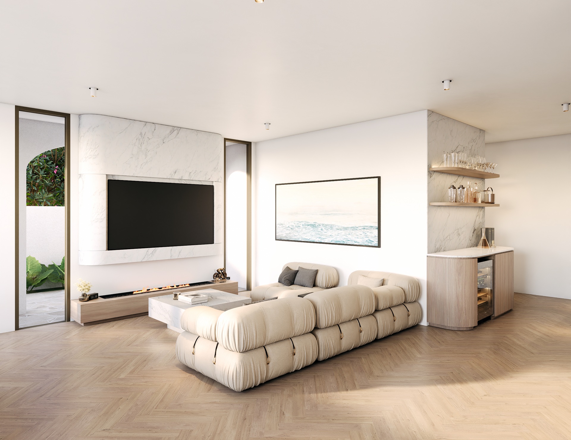 A living room with a couch and a television.