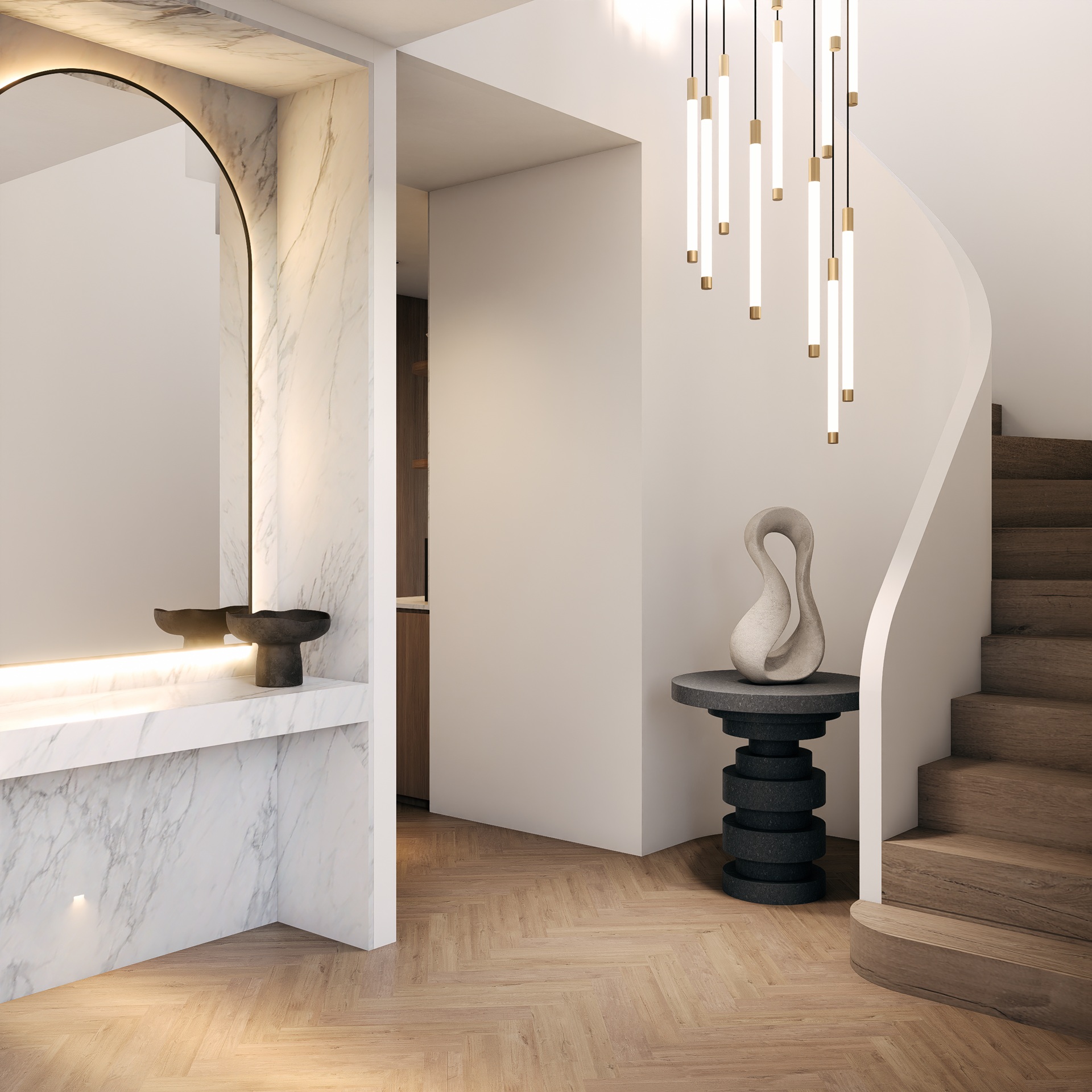 A room with a marble staircase and a mirror on the wall.