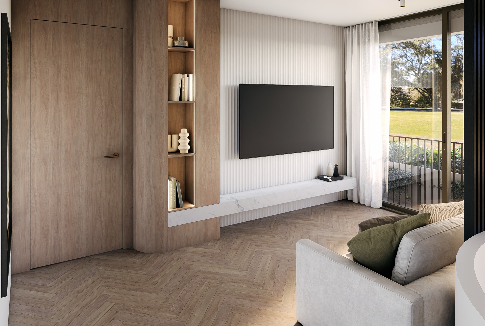 A living room with a large flat screen tv.