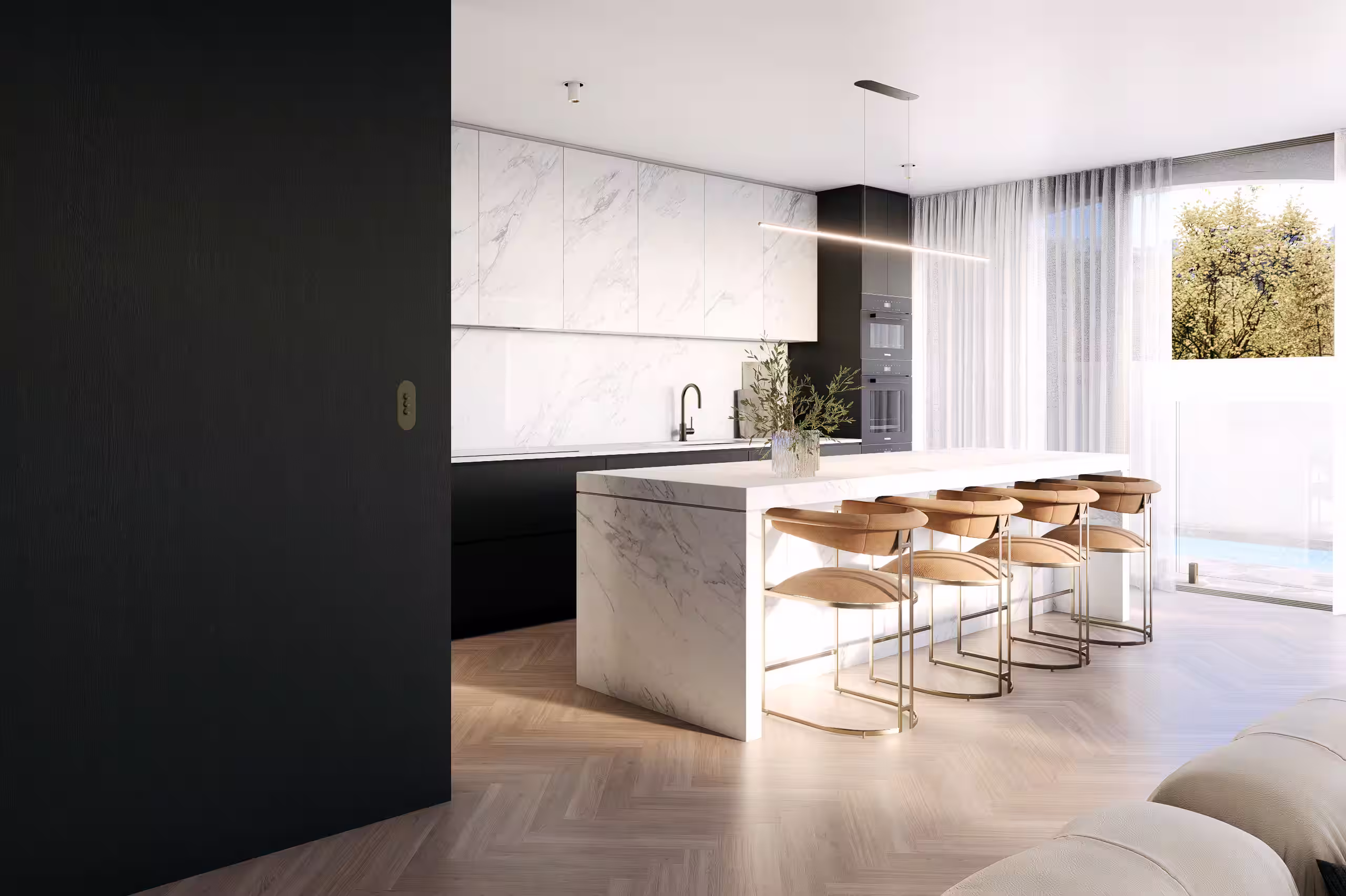 Modern kitchen with white marble island, brown bar stools, black cabinetry, and large window with sheer curtains.