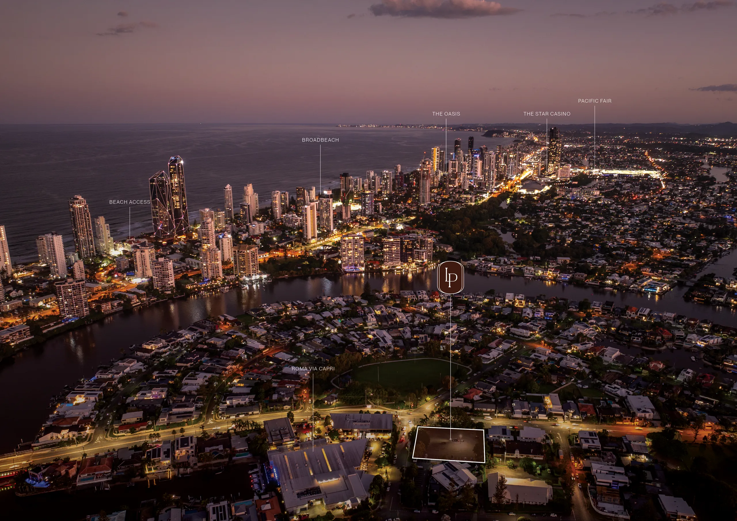 Aerial night view of a coastal city with illuminated buildings, waterways, and labeled landmarks including Broadbeach, The Oasis, The Star Casino, Pacific Fair, and Beach Access.