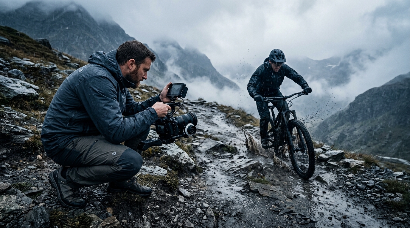 Adventure sports creator filming a mountain bike descent in harsh weather conditions · AI-generated