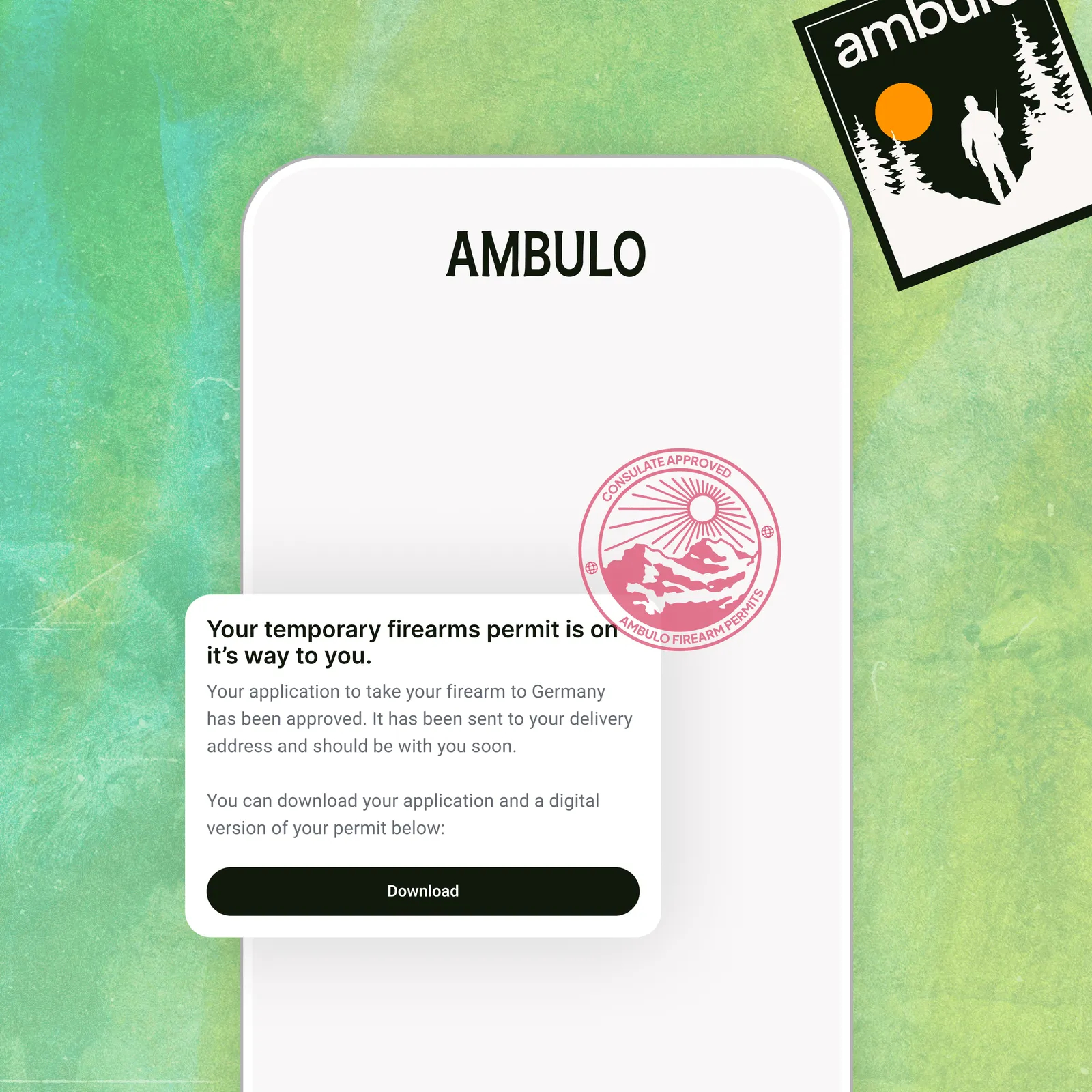 An image of the Ambulo temporary firearms permit interface showing the permit has been approved