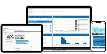 Laptop, tablet, and smartphone displaying an online learning platform with course progress and interactive quiz questions.
