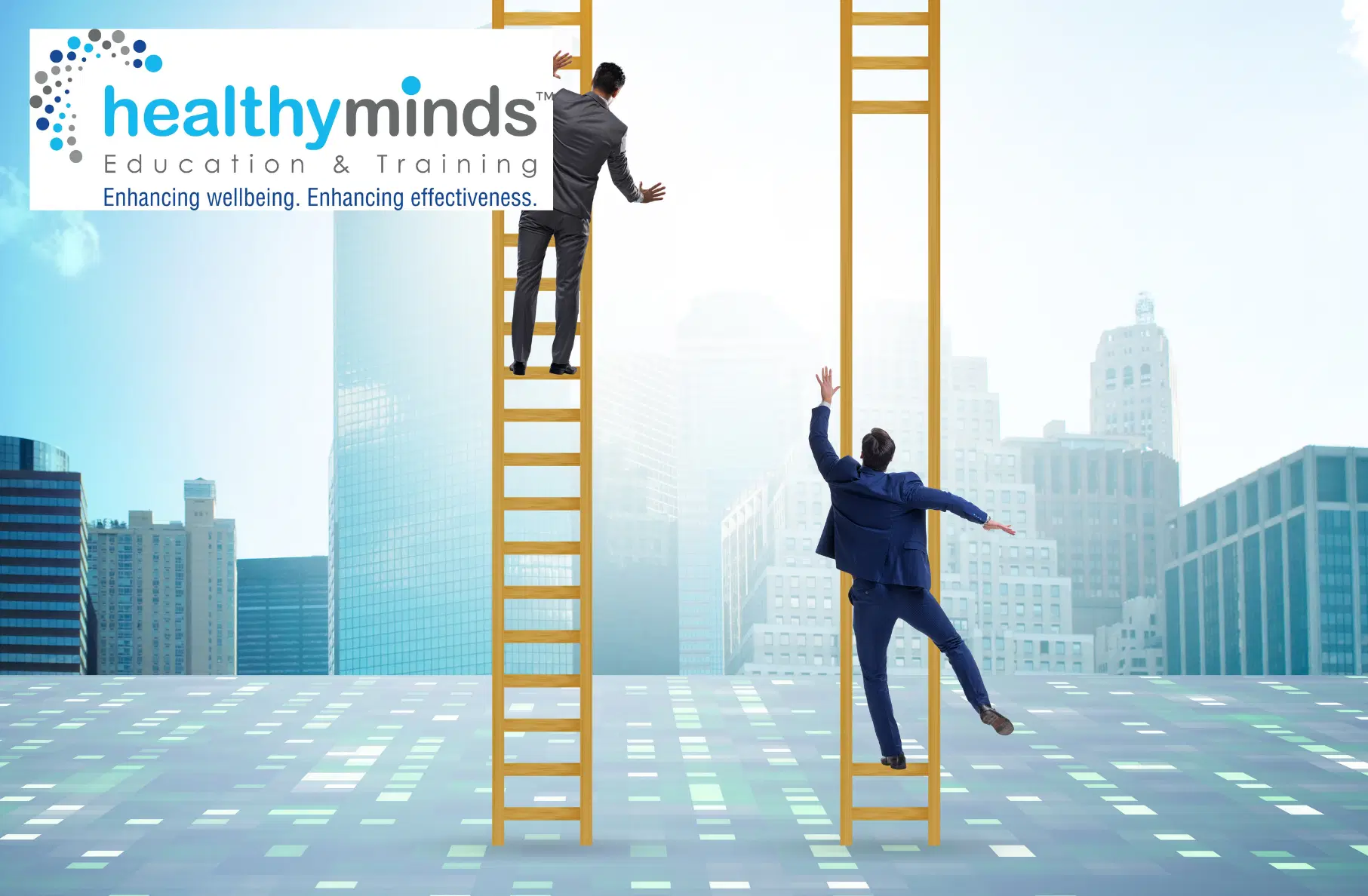 Two businessmen climbing yellow ladders set against a city skyline, with one struggling to maintain balance.