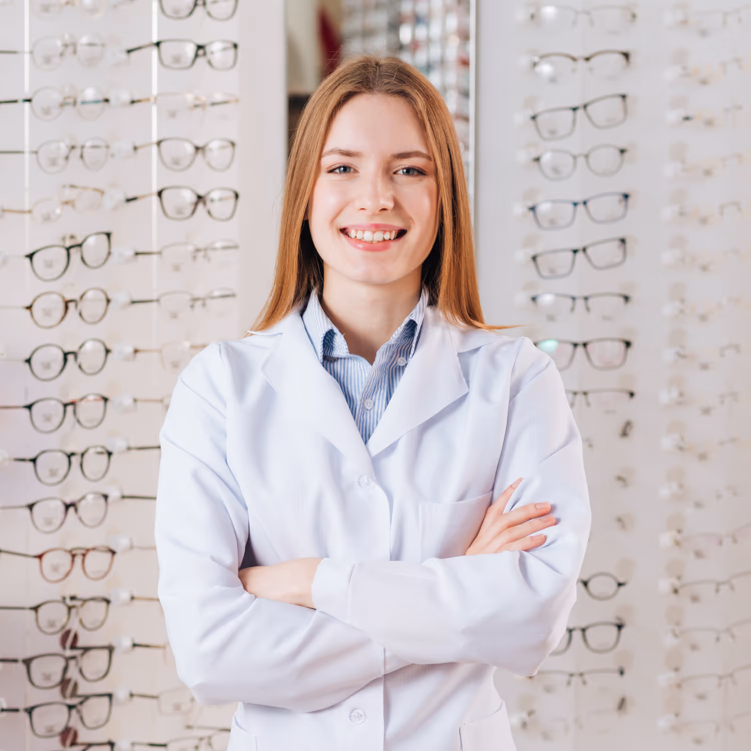 Smiling optometrist in white coat standing in glasses store