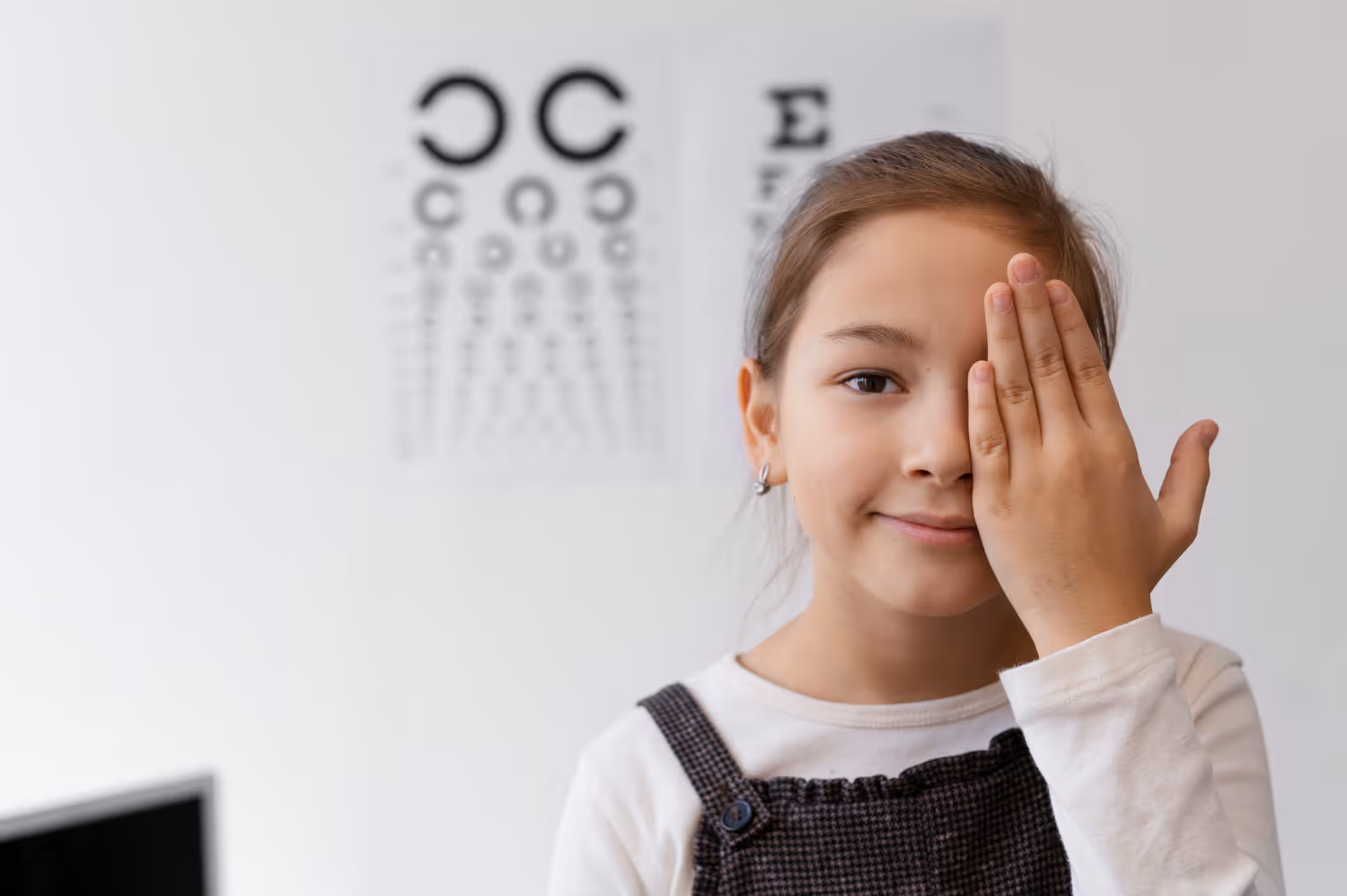 Child covering one eye during vision test with eye chart background