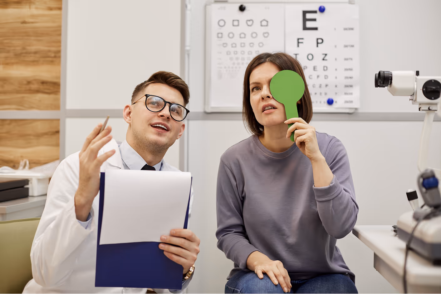 Eye doctor performs vision test with patient using eye chart and green paddle