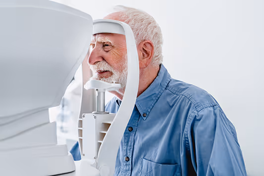 Older person undergoing eye examination with medical equipment