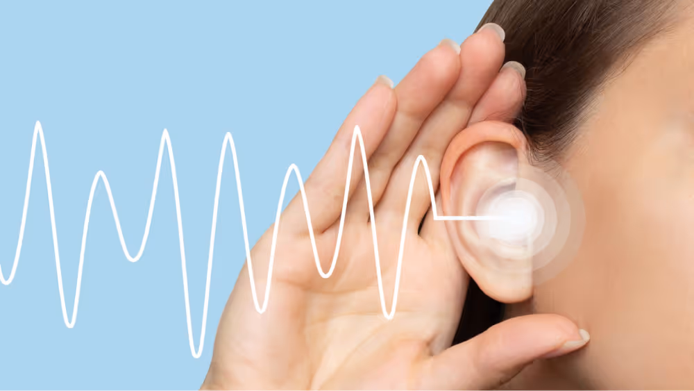 Hand cupped near ear with sound waves, representing hearing or listening