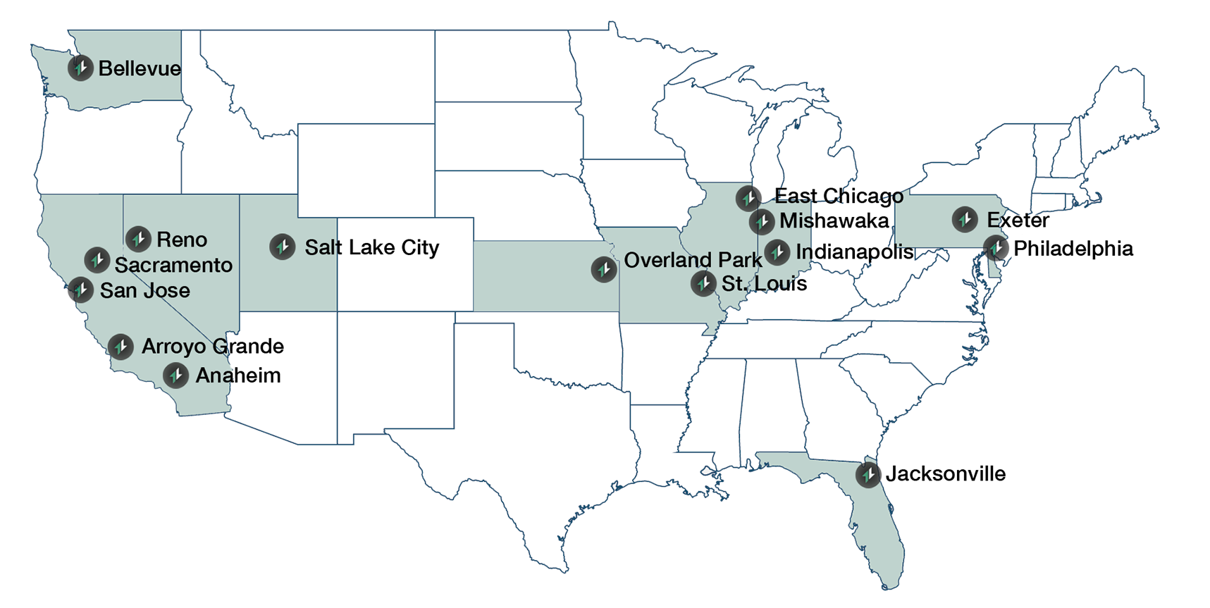 Map of the United States highlighting locations in California, Missouri, Illinois, Florida, and New York with green arrow icons marking specific cities.