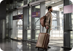Man with backpack pulling a suitcase, standing by glass doors at an airport terminal.