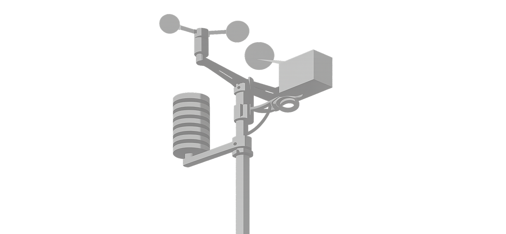 Weather station with anemometer, rain gauge, and white sensor box mounted on a pole.