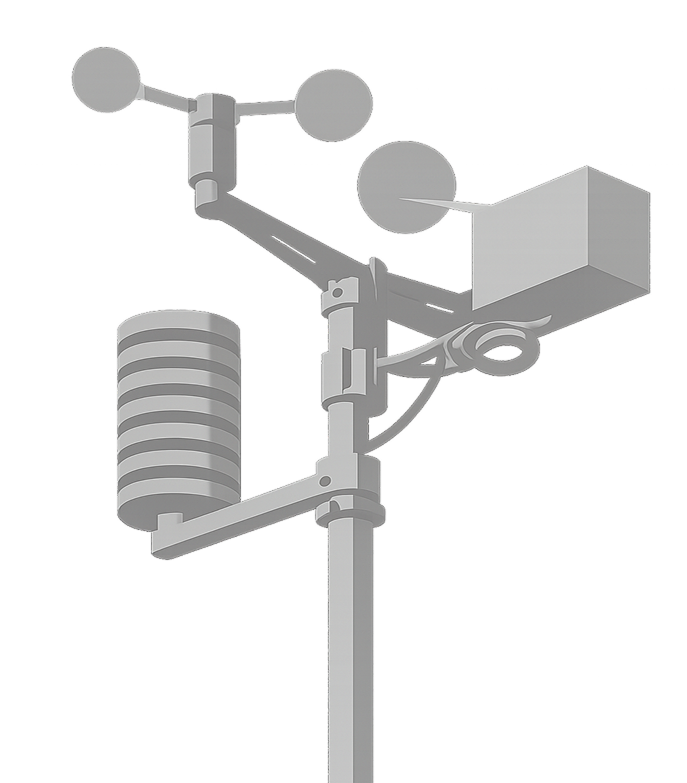 Weather station with anemometer, rain gauge, and white sensor box mounted on a pole.