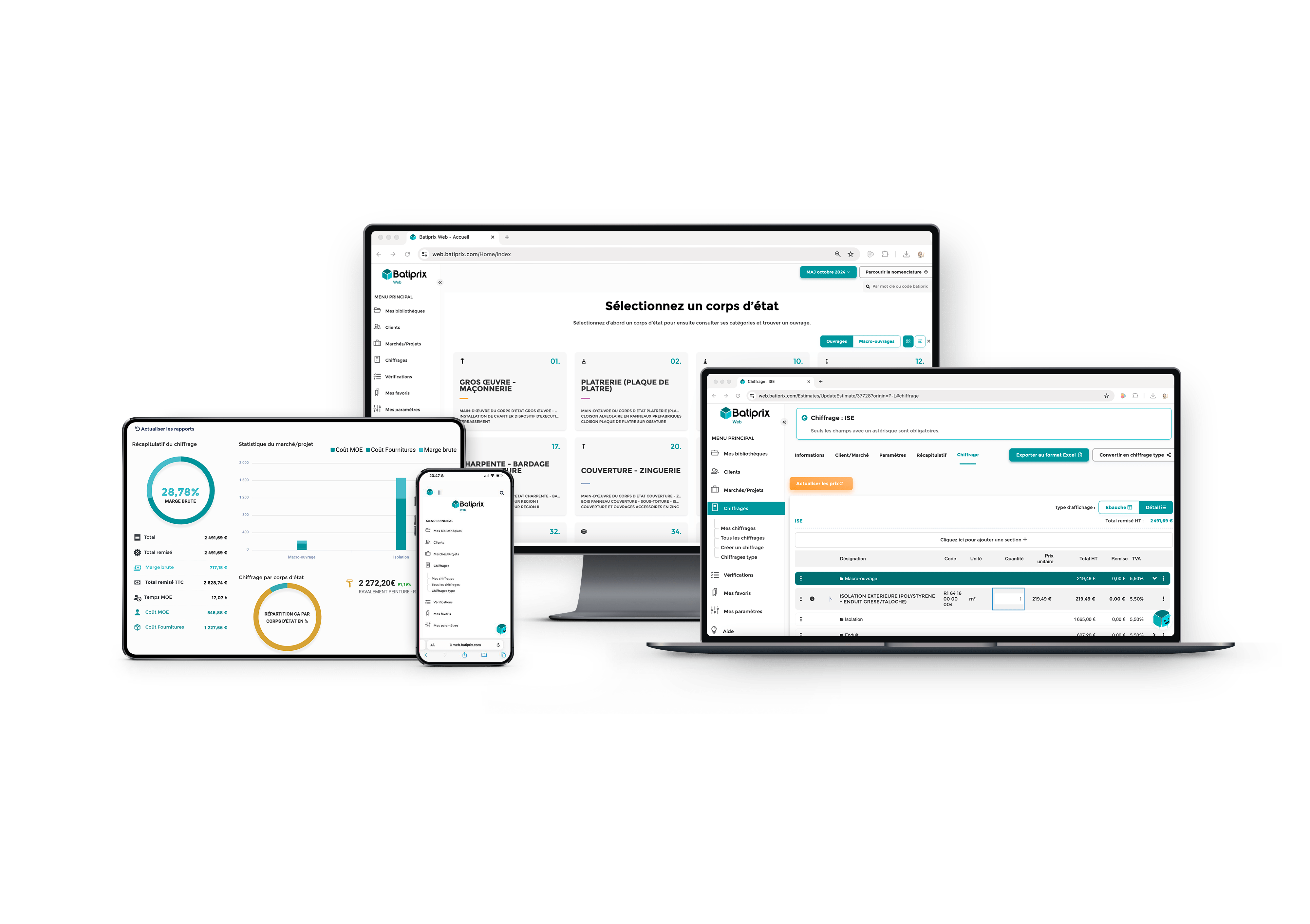 Interfaces de l'application Batiprix affichées sur un ordinateur de bureau, un ordinateur portable, une tablette et un smartphone, montrant des statistiques, des sélections de catégories et des saisies de chiffrage.