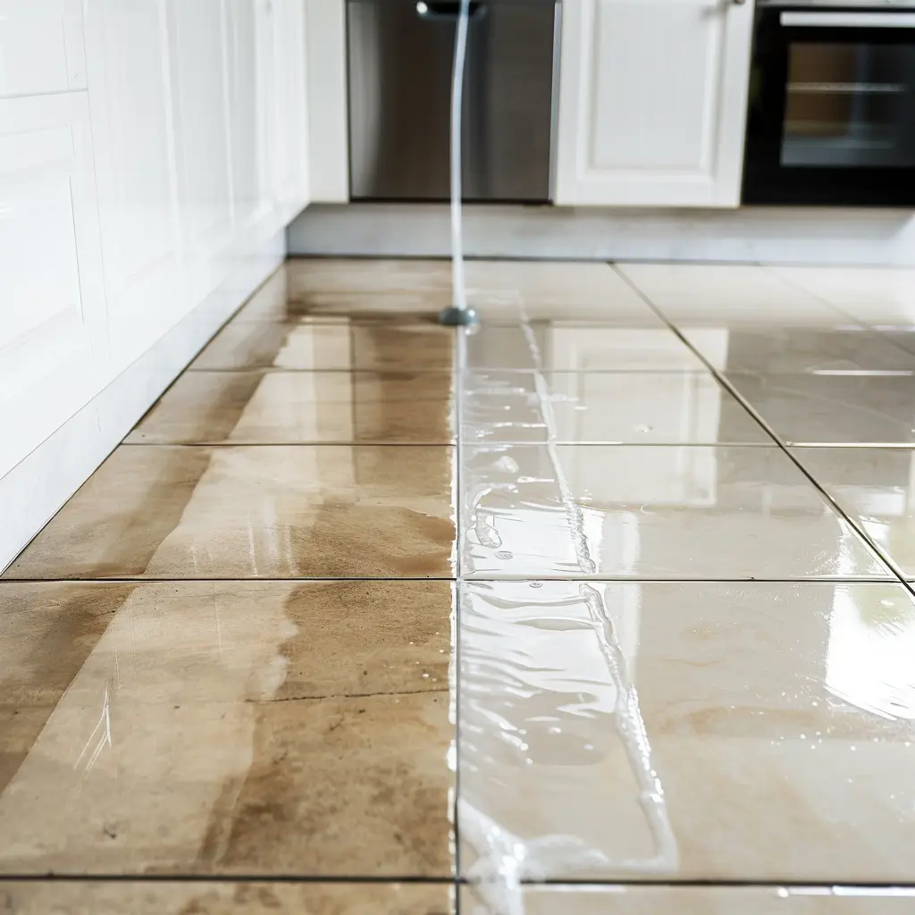 Clean white tiled kitchen floor with fresh grout lines after professional tile and grout cleaning in Thanet
