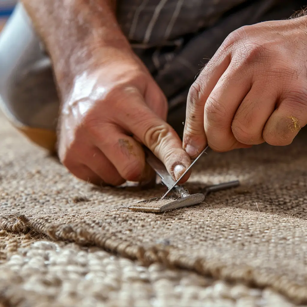 Carpet repair technician patching a damaged section of carpet in a Kent home