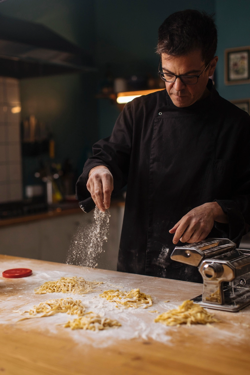 Montclair Chef – professional private chef in black uniform sprinkling flour over pasta dough in a warmly lit luxury kitchen.