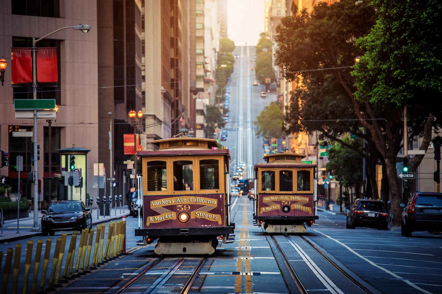 Traditional cable cars in down-town San Francisco where our private chef shop for gourmet food.
