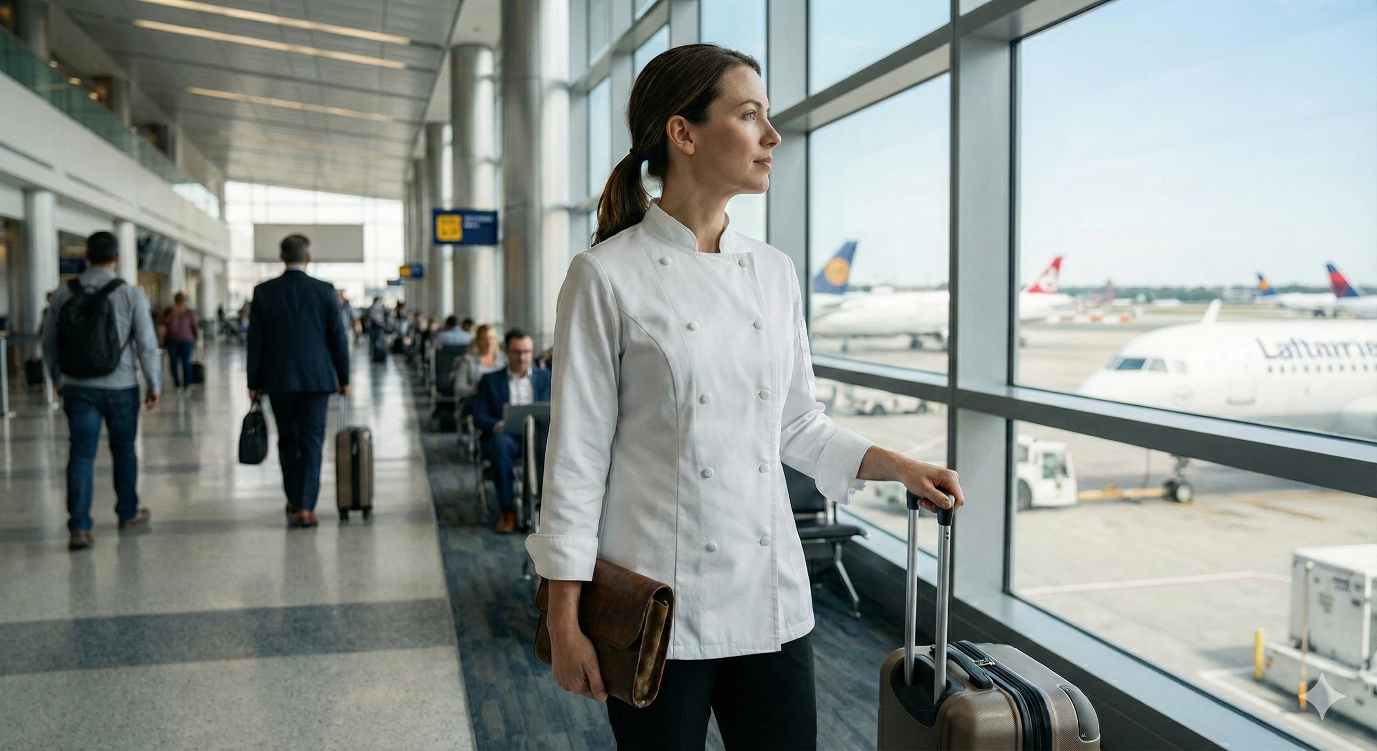 A traveling private chef wearing a white jacket and flying to the principal's second residence