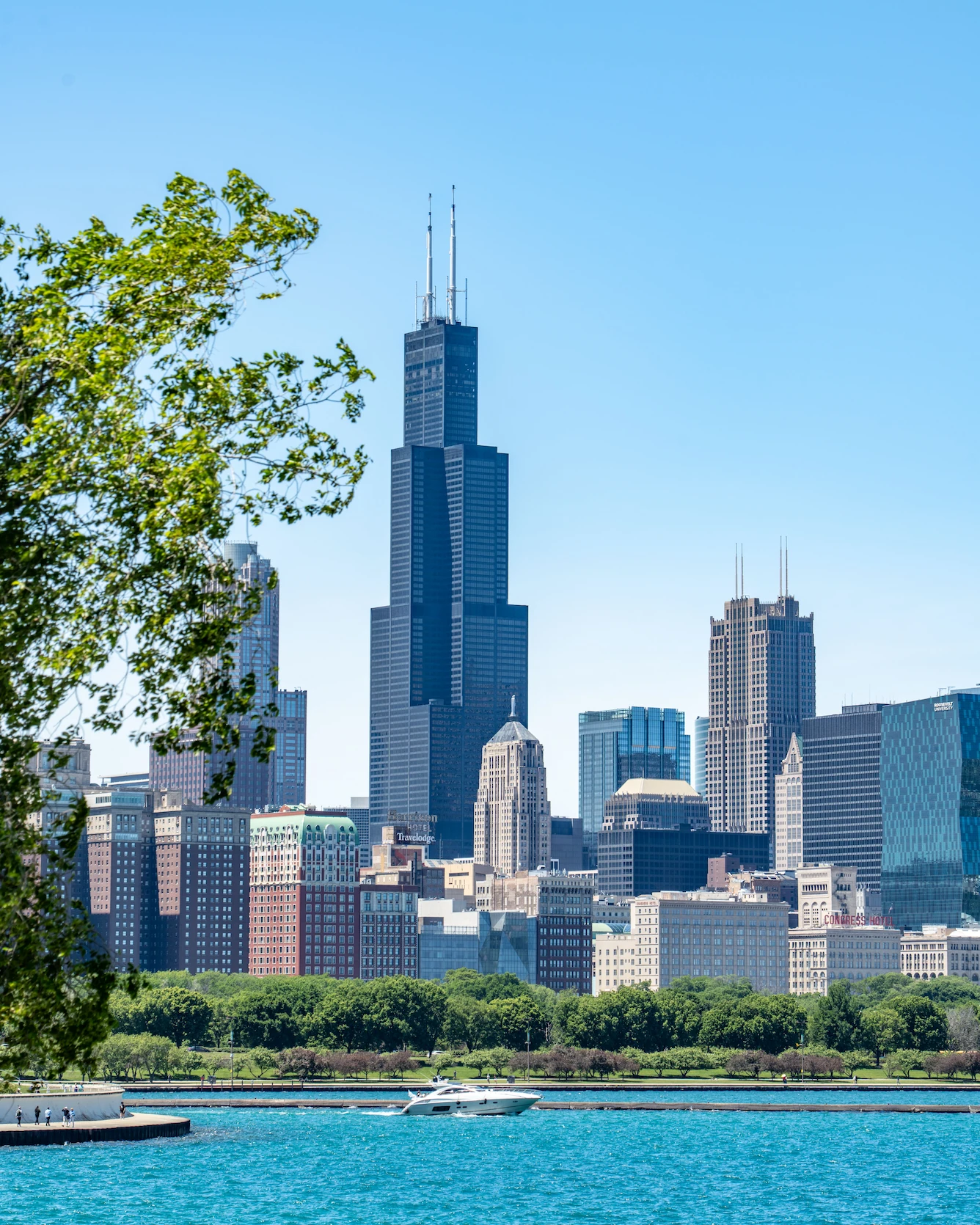 Chicago lakefront skyline and private yacht on Lake Michigan