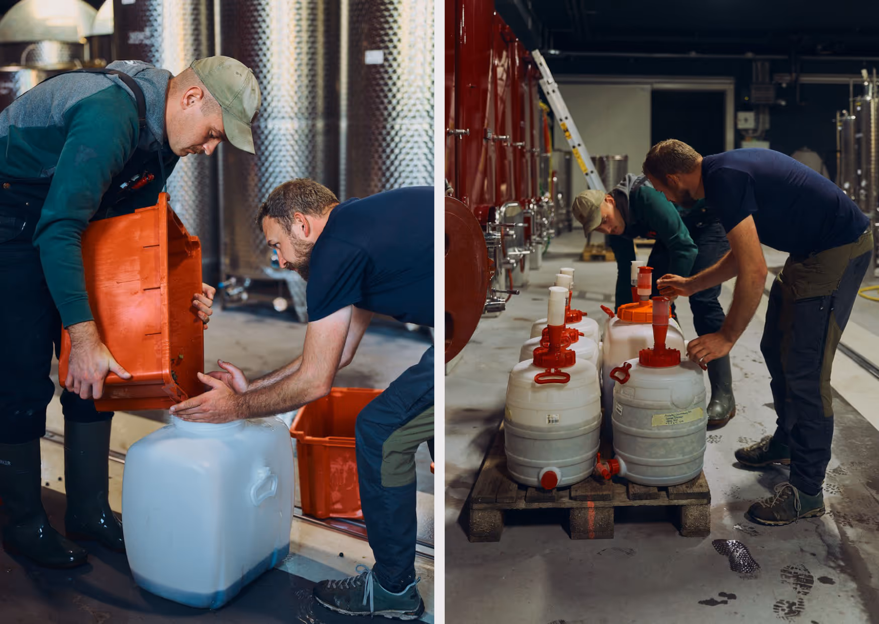 Thomas Lampert und sein Mitarbeiter füllen den Gäransatz ins Gebinde