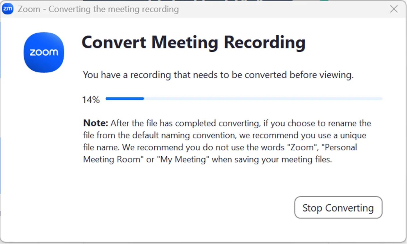 Screenshot: After the meeting has ended, Zoom will convert the recording so you can access the files